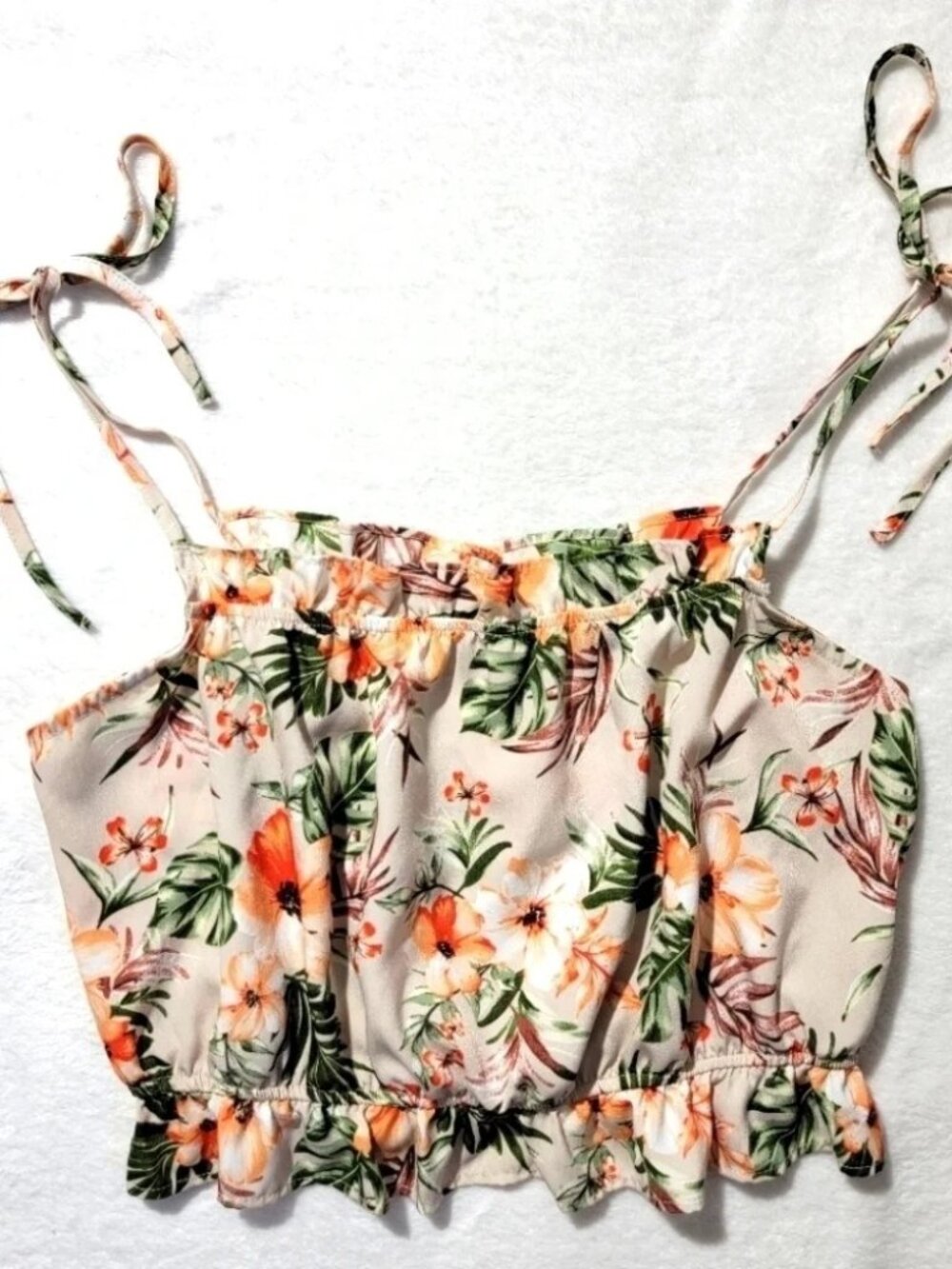Paper Crane Satin Ruffled Shoulder Tie Cropped Tropical Floral Top Size M